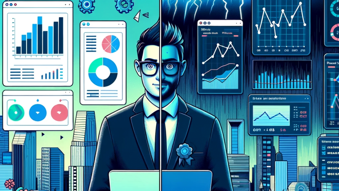 DALL·E 2023-10-27 09.16.30 - Illustration of a split scene. On the left, a tech entrepreneur is confidently navigating a well-designed financial software with clear indicators and