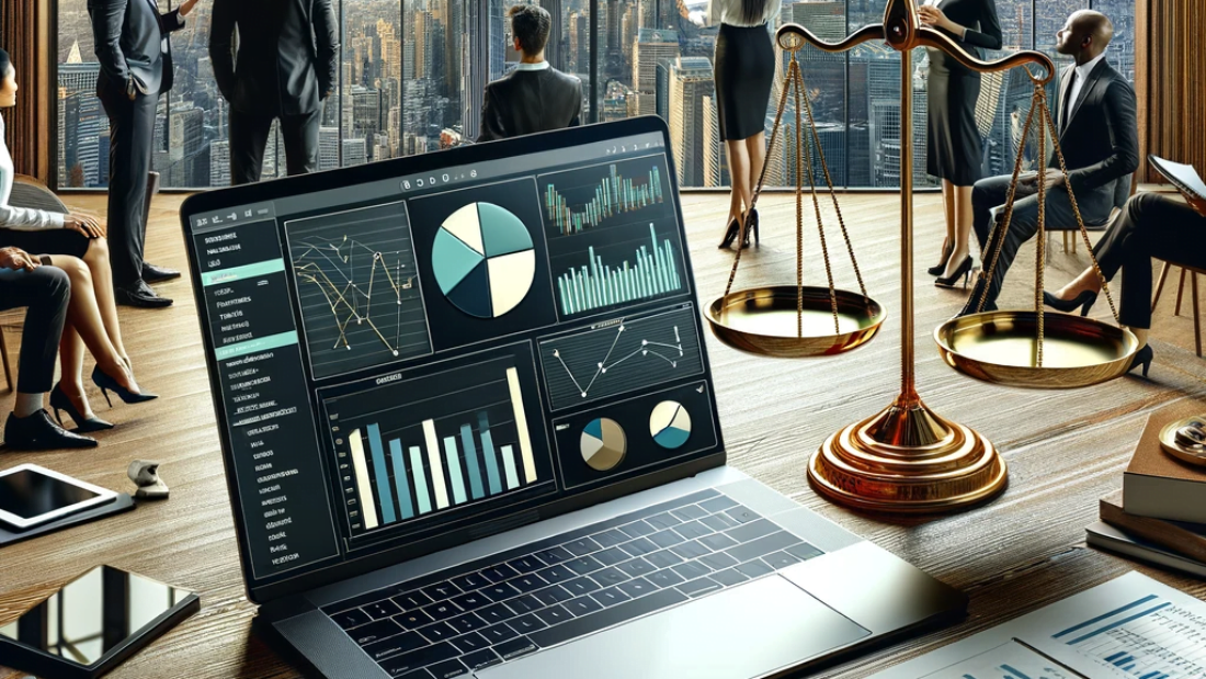 DALL·E 2023-10-27 09.22.09 - Photo of a sophisticated office setting with a panoramic view of the city skyline. On a sleek wooden desk, there is an open laptop displaying a financ