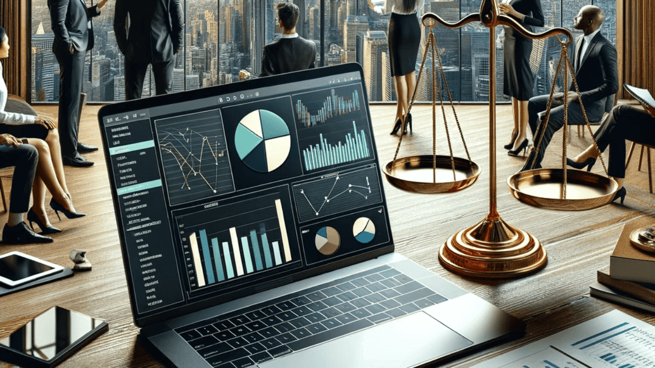 DALL·E 2023-10-27 09.22.09 - Photo of a sophisticated office setting with a panoramic view of the city skyline. On a sleek wooden desk, there is an open laptop displaying a financ