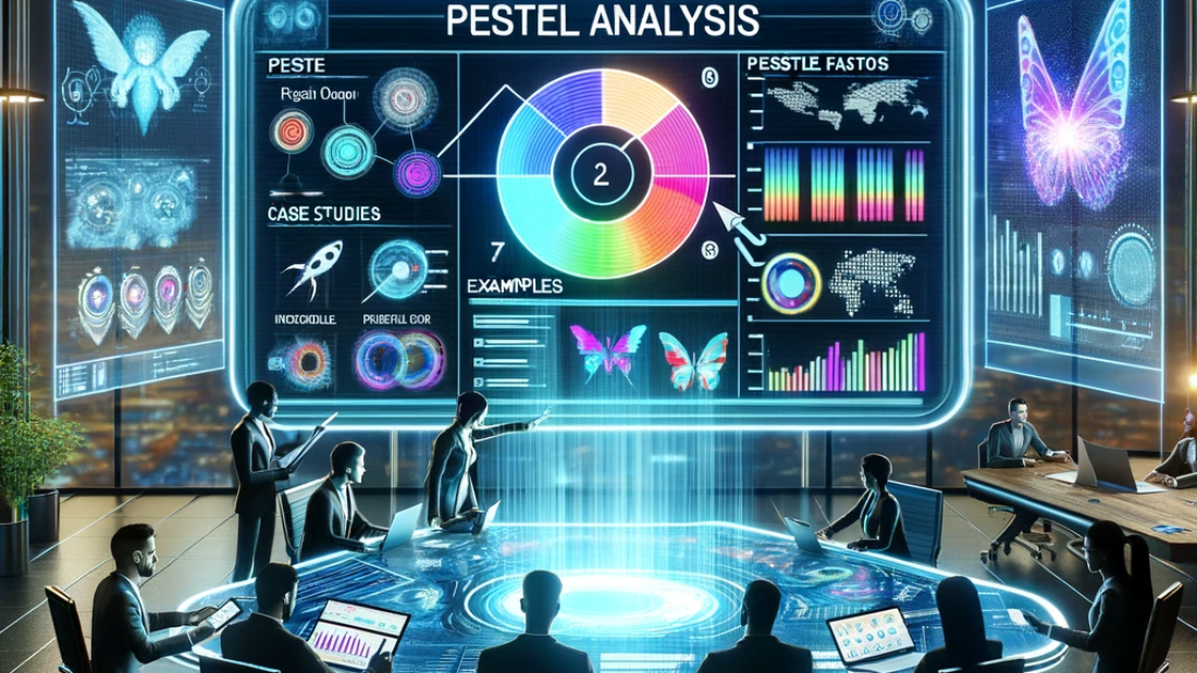 DALL·E 2023-10-27 15.13.55 - Illustration of a sleek tech startup workspace with a digital touchscreen table at its center. On the screen, a vibrant PESTEL analysis chart is being