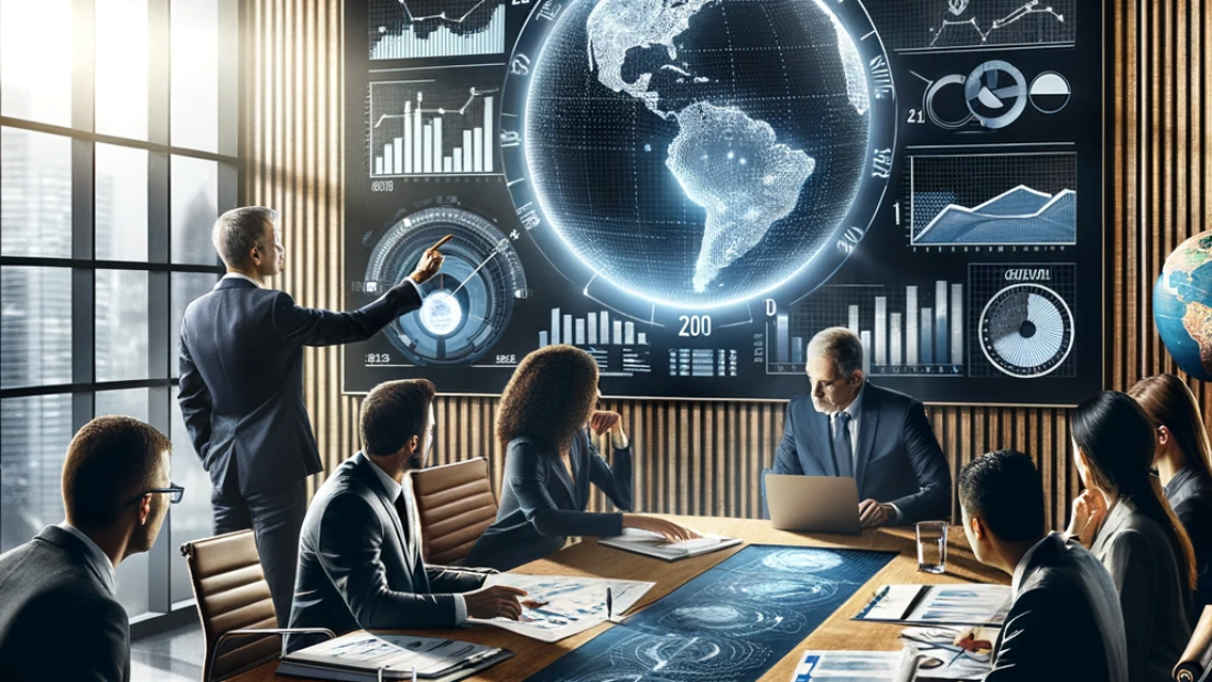 DALL·E 2023-10-27 15.17.13 - Photo-style image of a modern office setting. On a large wooden table, a strategic planning document titled 'Planejamento Estratégico 2024' lies open