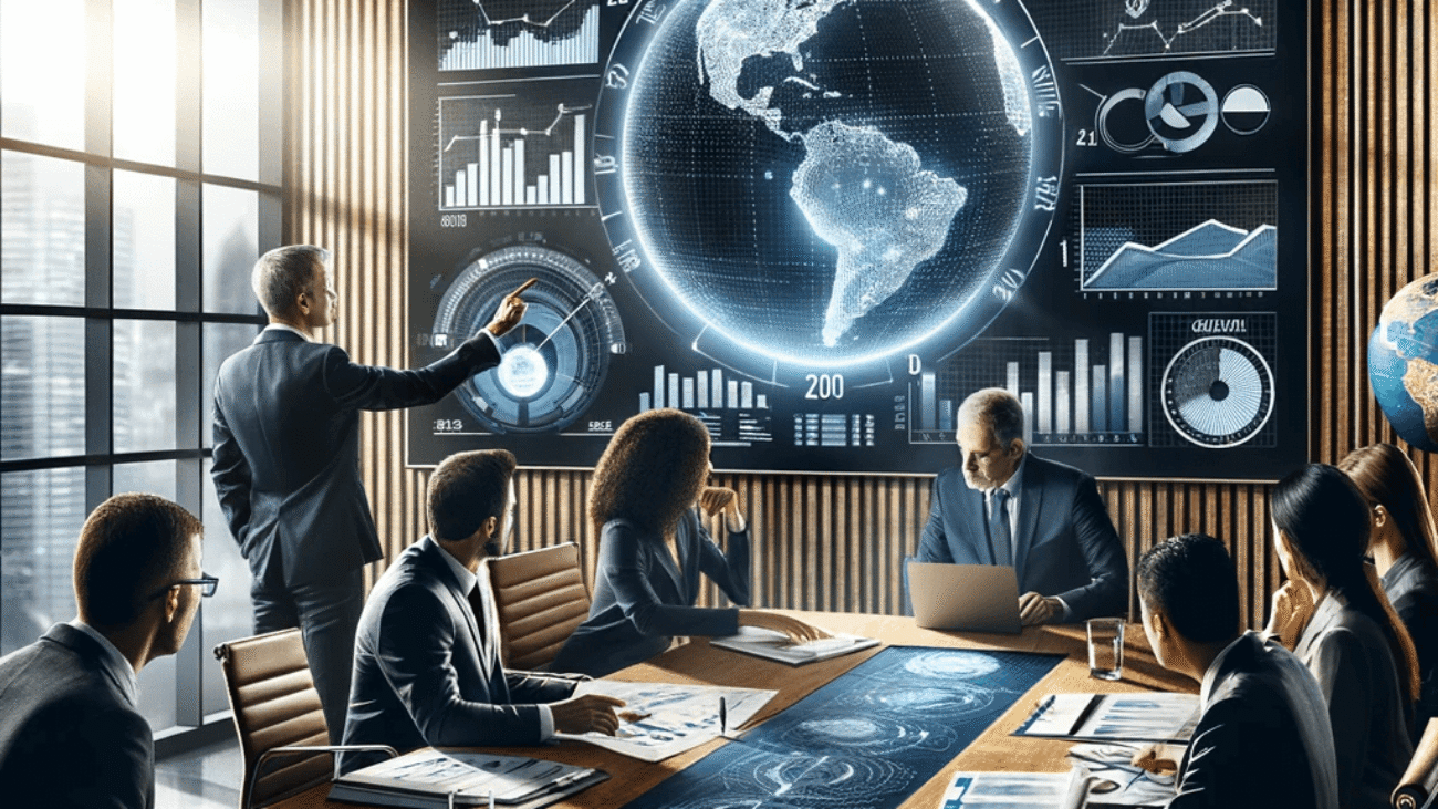 DALL·E 2023-10-27 15.17.13 - Photo-style image of a modern office setting. On a large wooden table, a strategic planning document titled 'Planejamento Estratégico 2024' lies open