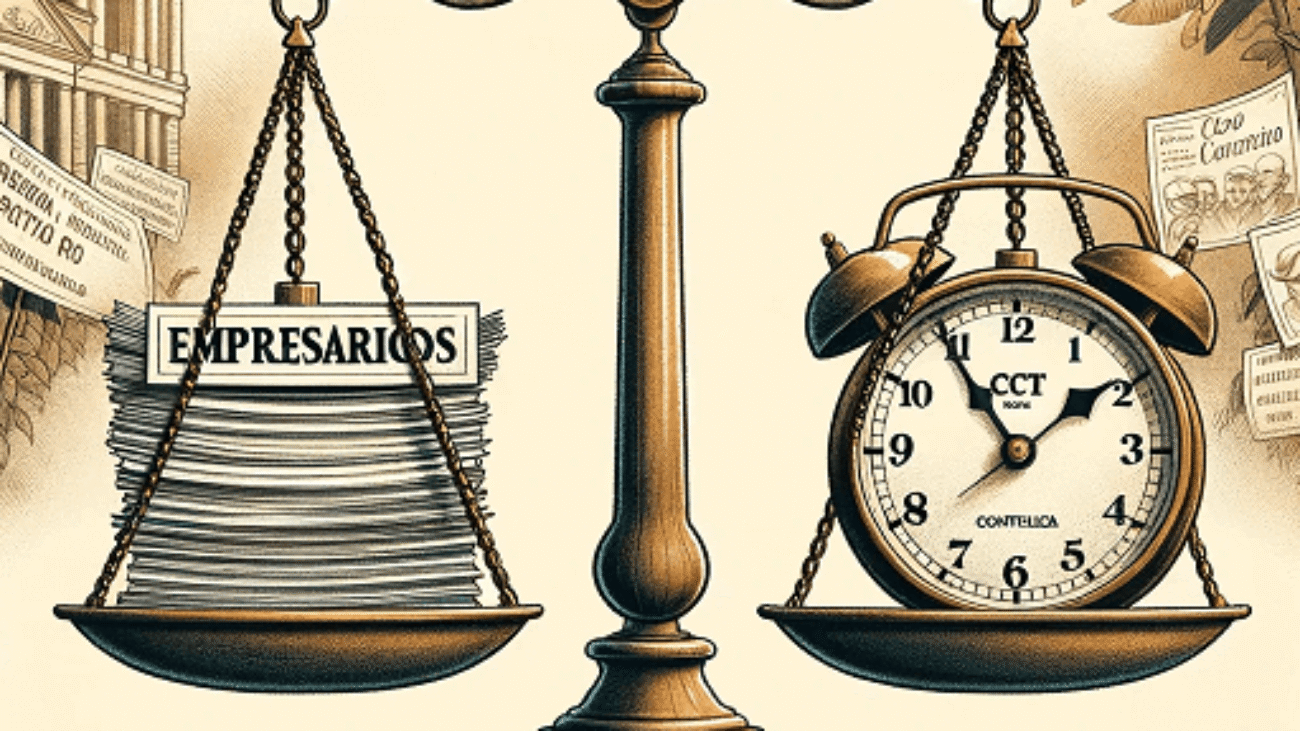 DALL·E 2023-10-30 20.00.05 - Illustration of a scale balancing two stacks of papers. On one side, there's a stack labeled 'Empresários' representing small and medium business owne