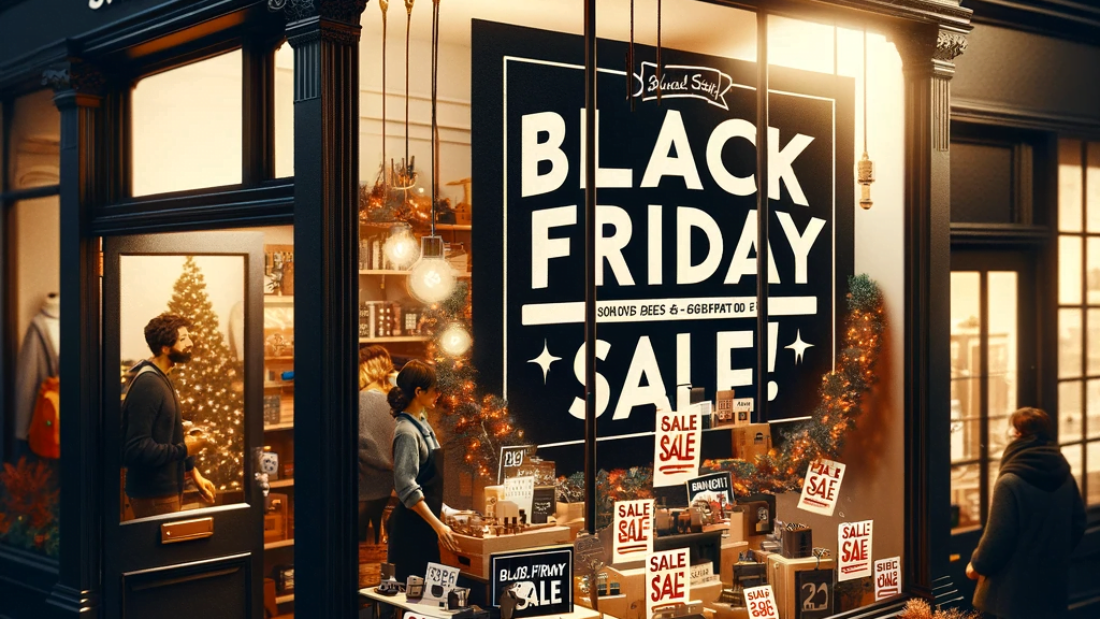 DALL·E 2023-11-07 11.12.39 - A bustling small business storefront decorated for Black Friday, with a sign reading 'Black Friday Sale!' in bold letters. The shop features a display