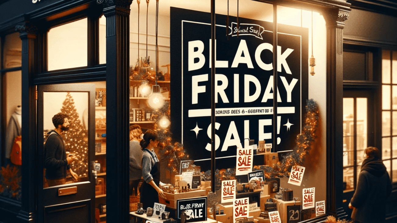 DALL·E 2023-11-07 11.12.39 - A bustling small business storefront decorated for Black Friday, with a sign reading 'Black Friday Sale!' in bold letters. The shop features a display