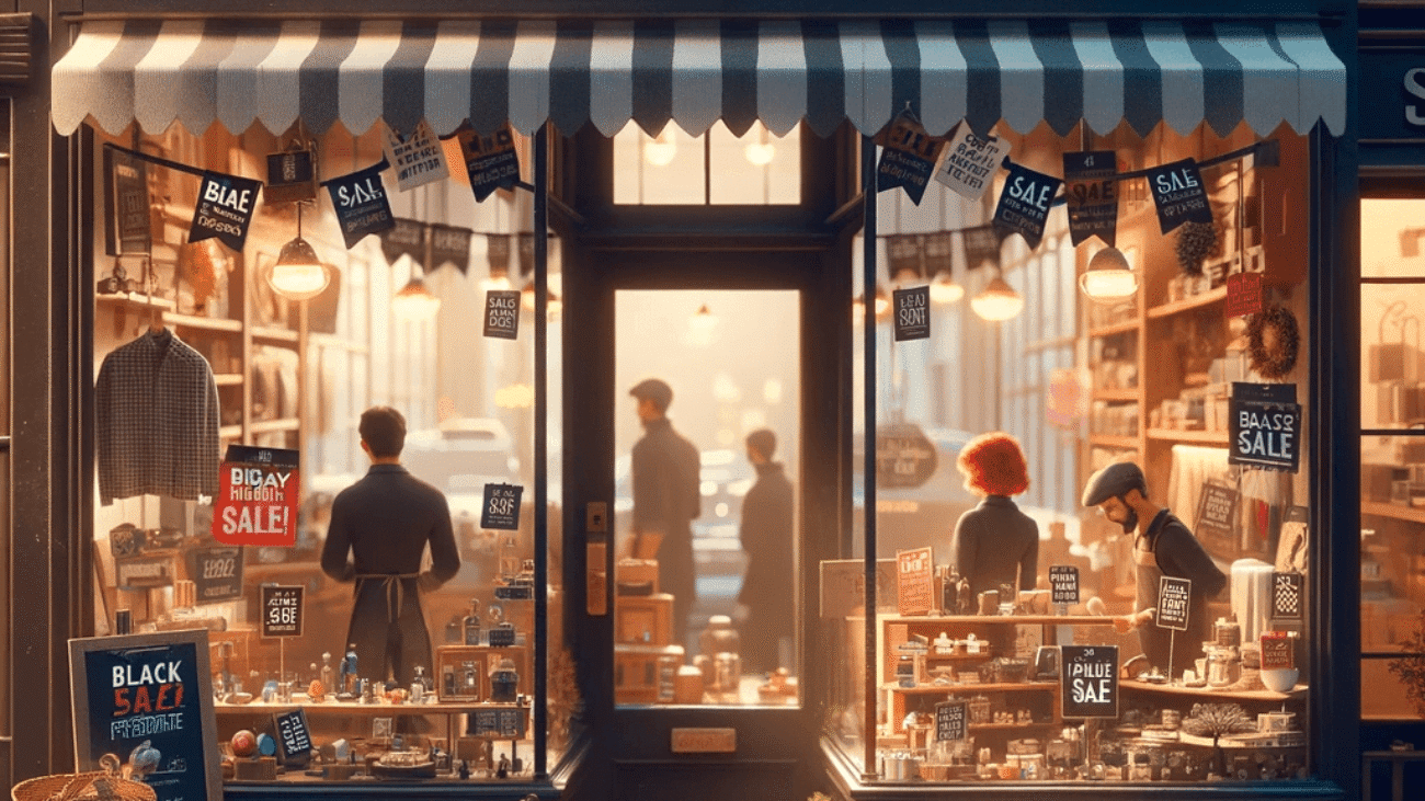 DALL·E 2023-11-07 12.43.58 - A bustling small business storefront decorated for Black Friday, with a sign reading 'Black Friday Sale!' in bold letters. The shop features a display