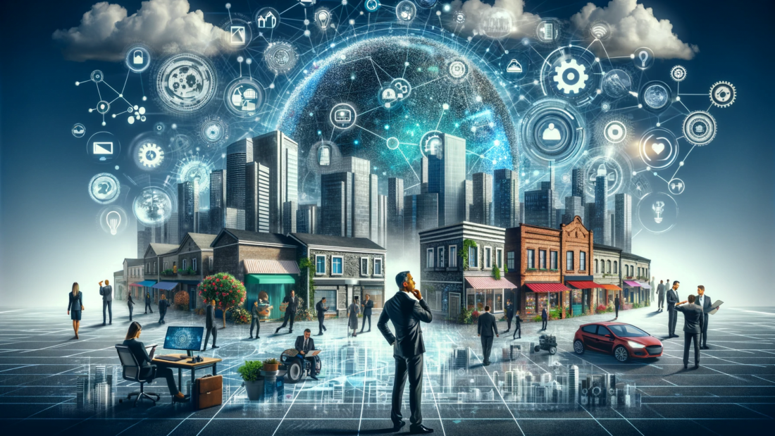 DALL·E 2023-12-11 14.55.49 - A thought-provoking and futuristic image illustrating 'O Futuro do Trabalho_ Desafios e Oportunidades para Pequenos e Médios Empresários' (The Future