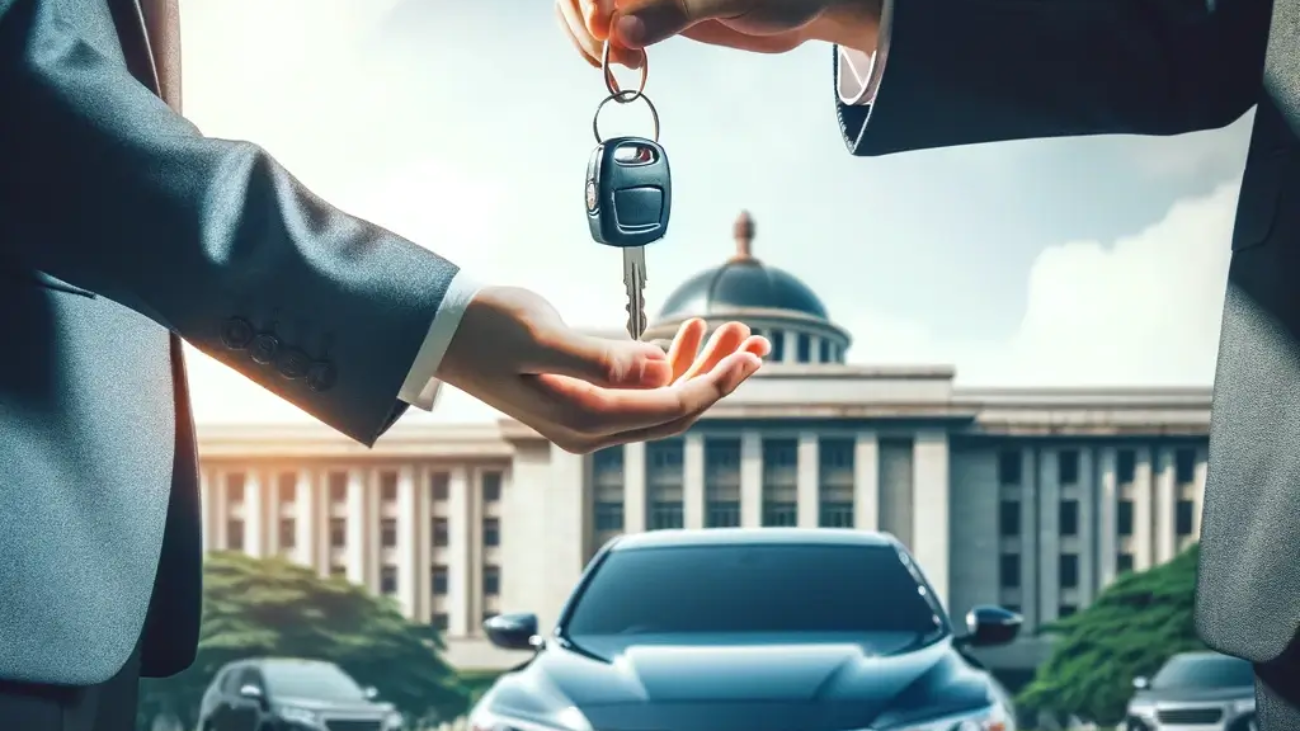 DALL·E-2024-02-16-14.26.11-A-scene-where-an-individual-is-handing-over-the-keys-to-their-car-to-a-tax-authority-representative-in-front-of-a-government-building.-The-car-is-a-mo