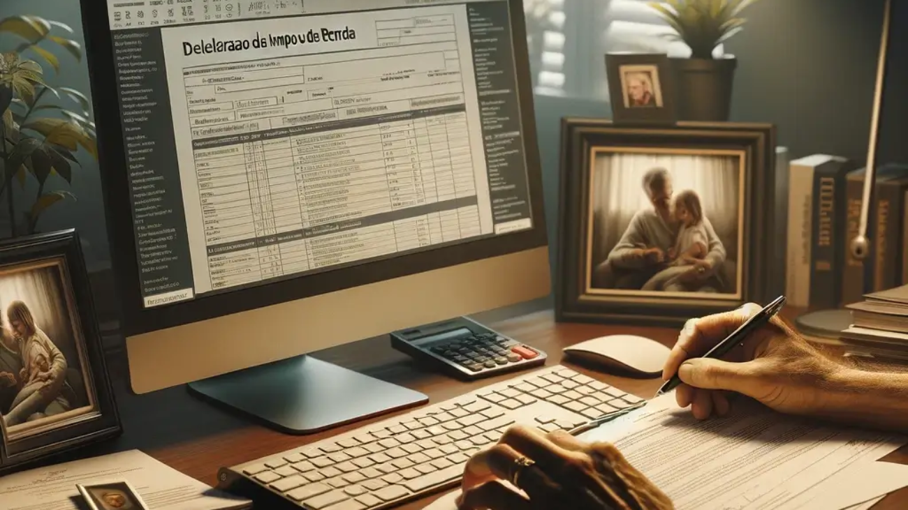 DALL·E-2024-02-16-16.29.32-Uma-cena-em-um-escritorio-domestico-com-uma-pessoa-preenchendo-sua-declaracao-de-imposto-de-renda-no-computador.-Documentos-importantes-estao-espalhad