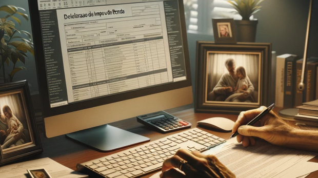 DALL·E-2024-02-16-16.29.32-Uma-cena-em-um-escritorio-domestico-com-uma-pessoa-preenchendo-sua-declaracao-de-imposto-de-renda-no-computador.-Documentos-importantes-estao-espalhad