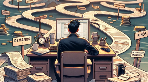 DALL·E-2024-02-16-16.32.22-Uma-pessoa-sentada-a-mesa-cercada-por-pilhas-de-documentos-fiscais-e-formularios-de-imposto-de-renda-olhando-atentamente-para-um-grande-mapa-que-sim