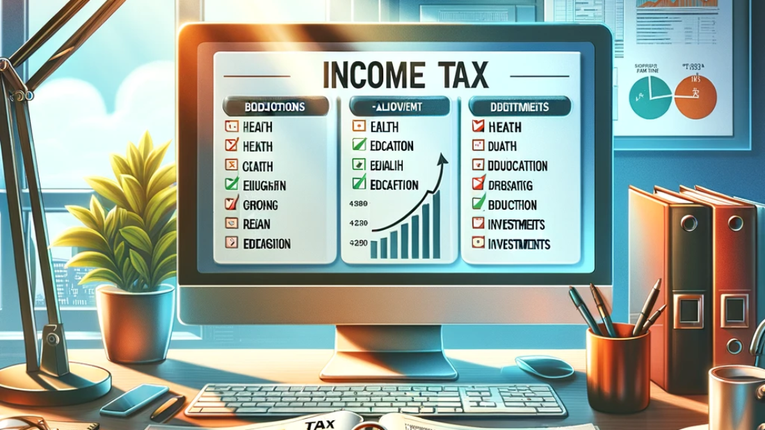 DALL·E-2024-02-27-14.57.12-Create-a-detailed-illustration-of-an-organized-office-desk-focused-on-tax-planning-for-the-Income-Tax-2023.-In-the-center-a-modern-computer-displays-