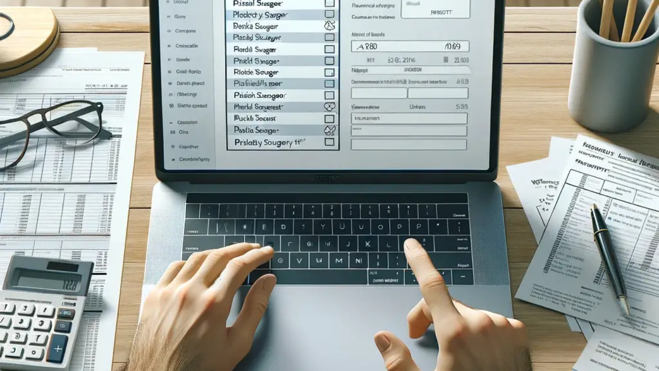 DALL·E-2024-03-26-09.58.16-Imagine-a-well-lit-home-office-scene-with-a-light-wooden-desk.-On-the-desk-theres-an-open-laptop-showing-a-digital-tax-return-form-with-a-highlighte