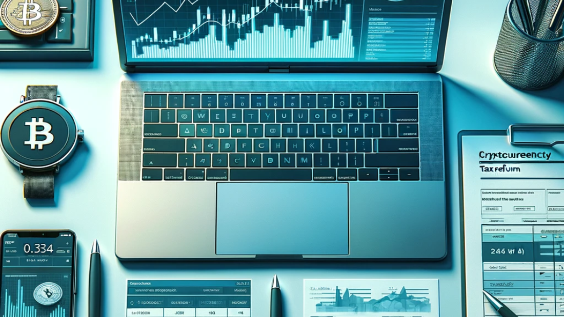 DALL·E-2024-03-26-10.18.18-Visualize-a-modern-office-desk-from-a-top-down-view.-The-desk-hosts-an-open-laptop-displaying-cryptocurrency-charts-and-tax-return-forms-on-the-screen