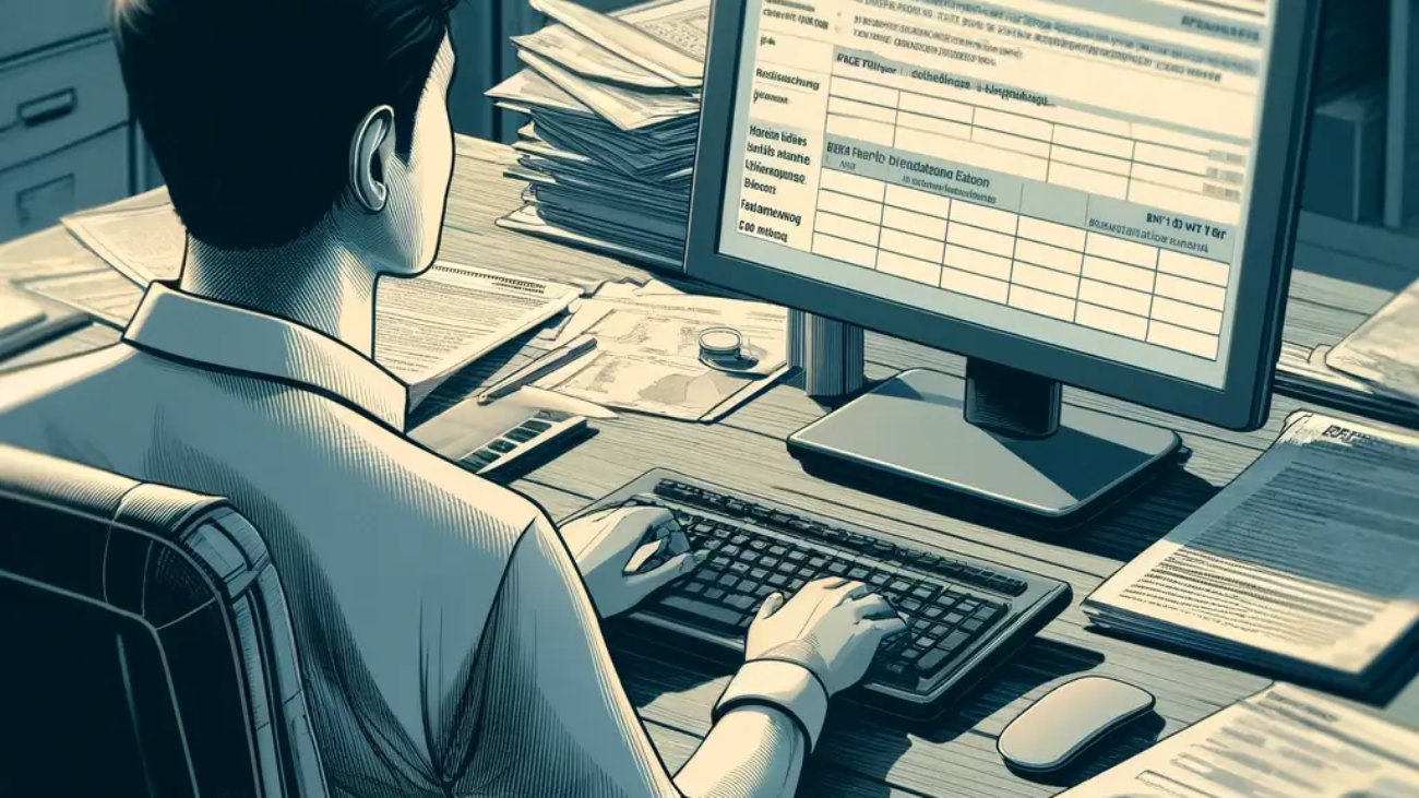 DALL·E-2024-05-07-22.36.26-A-detailed-office-scene-featuring-a-person-sitting-at-a-desk-using-a-computer.-The-computer-screen-displays-tax-forms-and-graphs.-The-desk-is-clutter