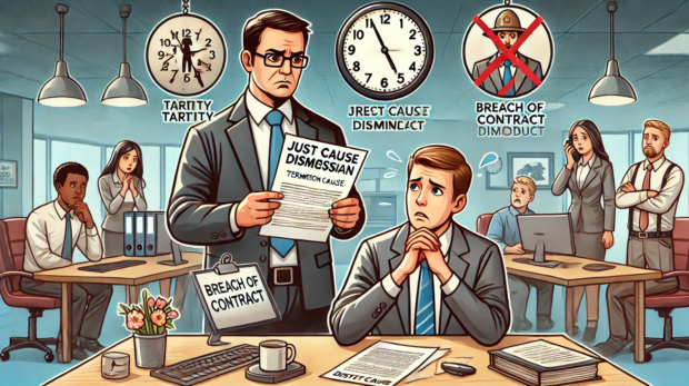 DALL·E 2024-08-05 10.24.15 - An illustration depicting the circumstances of dismissal for just cause. Show a professional office setting with a serious atmosphere. In the foregrou