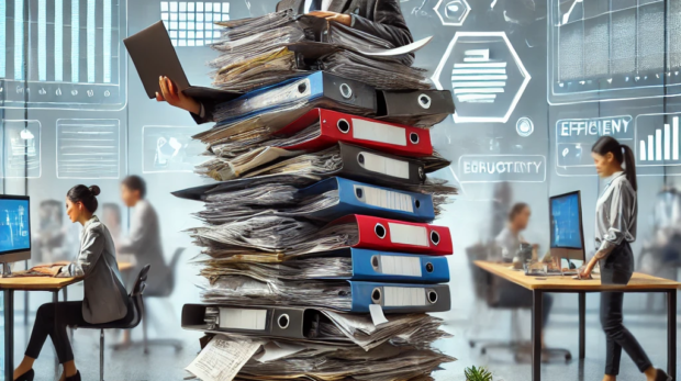 DALL·E 2024-08-23 17.30.38 - A modern office scene where a single person is surrounded by piles of papers, folders, and digital icons representing various tasks like graphs, email