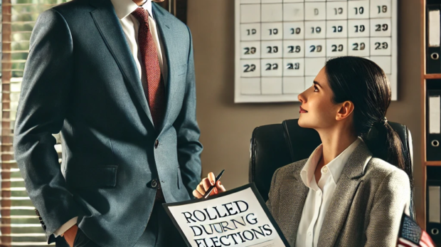 DALL·E 2024-09-12 19.54.24 - An office scene where a business manager is meeting with an employee who has been called to work during the 2024 elections. The environment is profess