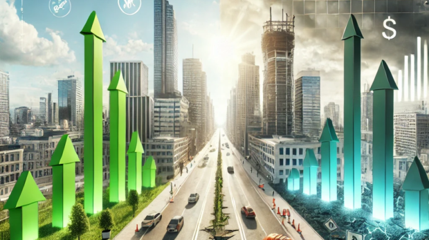 DALL·E 2024-10-04 10.08.40 - A conceptual image representing the theme of 'Atualização de Bens Imóveis_ Oportunidade Estratégica ou Risco Financeiro_'. The image features a modern