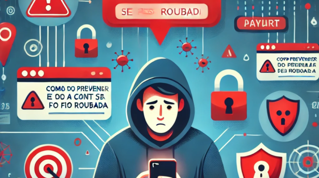 DALL·E 2024-10-04 10.10.50 - A cautionary image on the theme 'Golpe do FGTS_ Como se Prevenir e o Que Fazer se a Conta Foi Roubada'. The scene includes a worried person checking t