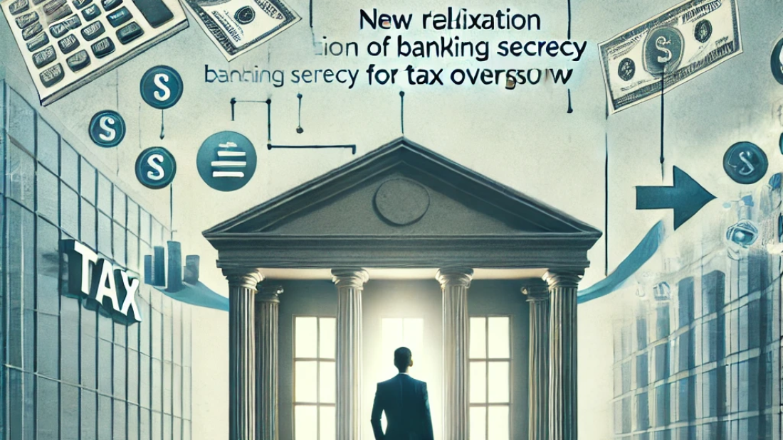 DALL·E 2024-10-04 10.31.48 - A visual depiction of the new relaxation of banking secrecy for tax oversight, showing its impact on business owners. The scene includes a businessper