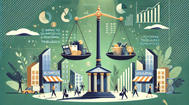 DALL·E 2025-01-15 11.19.11 - A digital illustration on the theme _O Impacto do Imposto Seletivo e da Reforma Tributária para Empresas e Consumidores._ The centerpiece is a large,