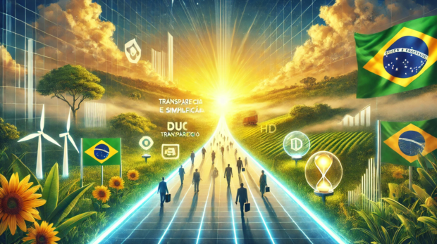 DALL·E 2025-01-15 11.26.27 - A conceptual artwork inspired by the theme 'Um Passo Rumo à Transparência e Simplificação no Brasil'. The scene features a transparent, glowing pathwa
