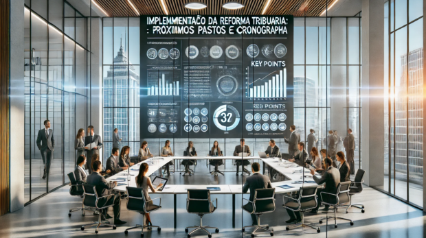 DALL·E 2025-01-15 11.29.58 - A detailed digital illustration of a corporate meeting room centered on the theme 'Implementação da Reforma Tributária_ Próximos Passos e Cronograma'