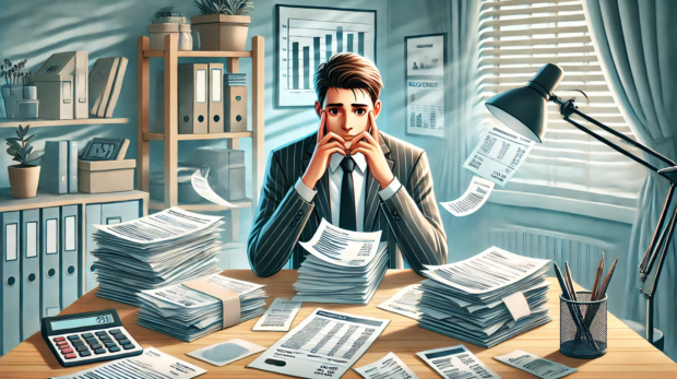 DALL·E 2025-01-15 11.35.39 - A digital illustration of a person with a worried expression sitting at a work desk, surrounded by scattered papers and financial documents, symbolizi