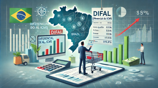 DALL·E 2025-02-03 14.26.26 - A digital illustration representing the concept of DIFAL (Diferencial de Alíquota do ICMS) in e-commerce. The image features a virtual shopping enviro