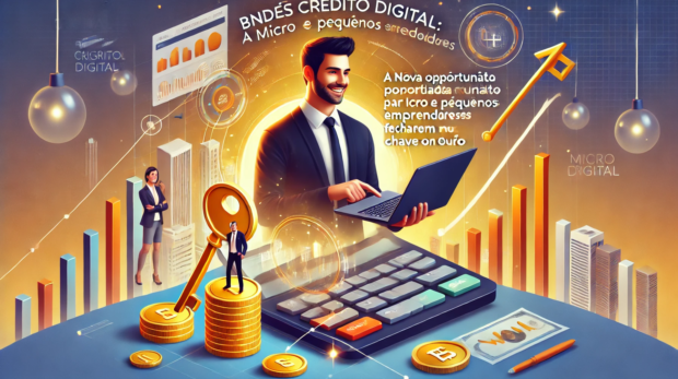 DALL·E 2025-02-24 14.14.33 - A digital illustration promoting _BNDES Crédito Digital_ A Nova Oportunidade para Micro e Pequenos Empreendedores Fecharem o Ano com Chave de Ouro_. A