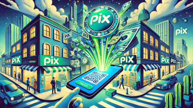 DALL·E 2025-02-24 14.19.58 - Uma ilustração digital representando o Pix superando o dinheiro como principal forma de pagamento no Brasil. A imagem mostra uma grande onda verde e a